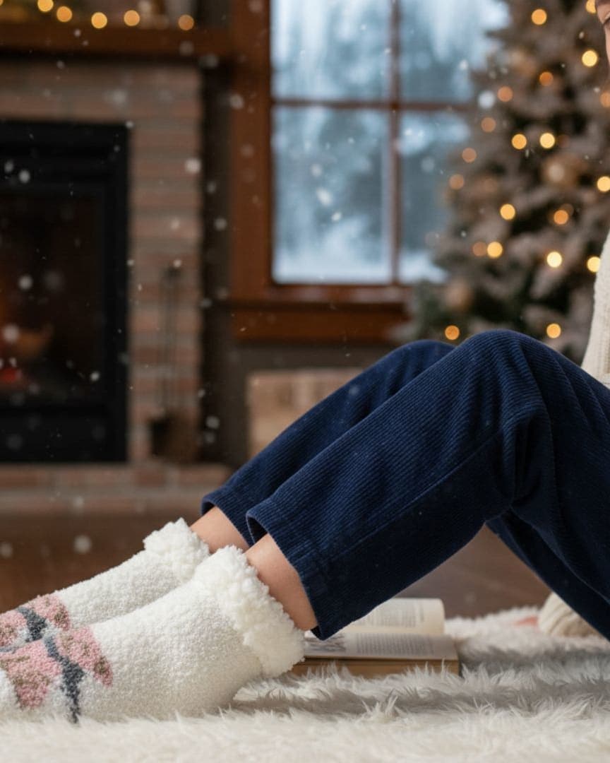 Luxurious Plush Fleece Cozy Socks in White with Knit-In Pink/Grey Pattern and Fluffy Sherpa Cuff – Cabin Loungewear