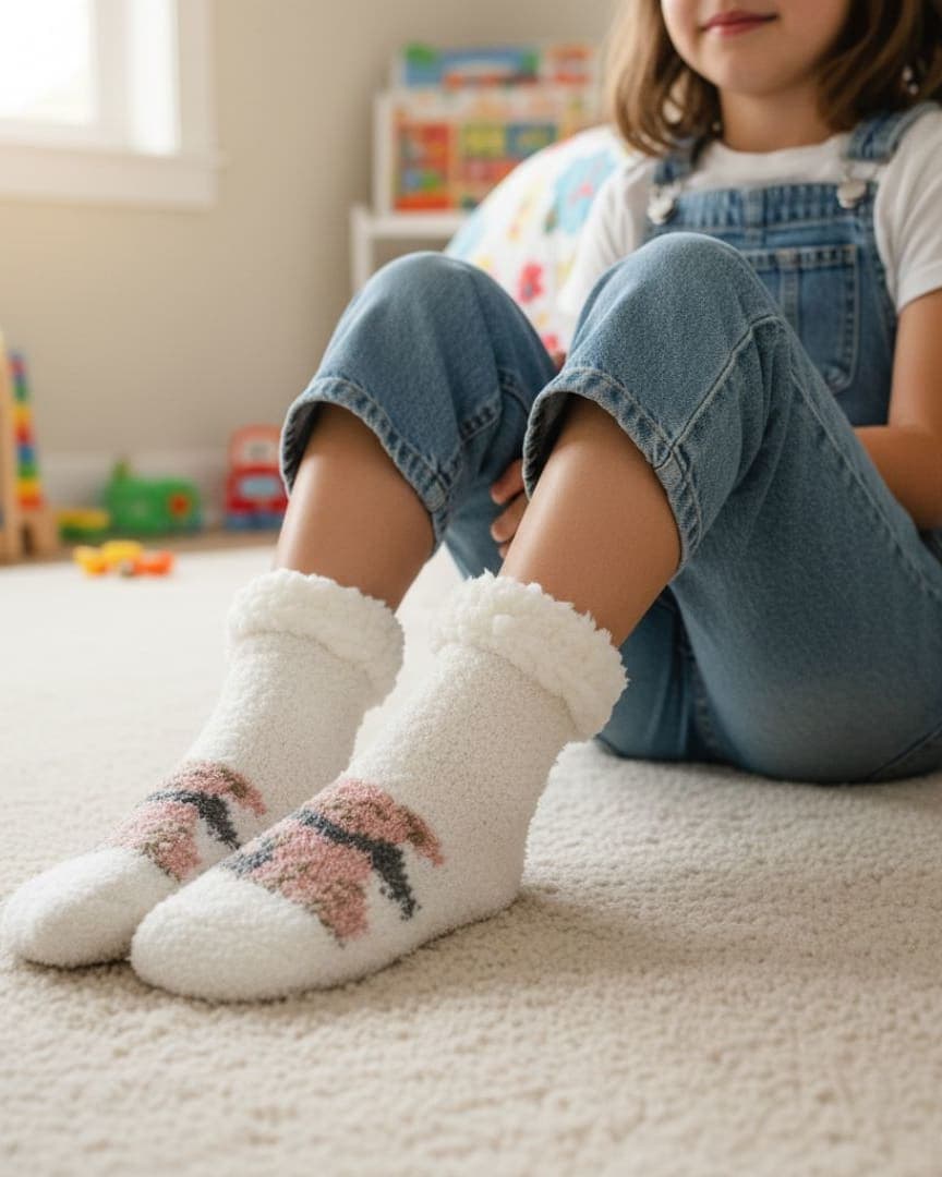 Luxurious Plush Fleece Cozy Socks in White with Knit-In Pink/Grey Pattern and Fluffy Sherpa Cuff – Cabin Loungewear hover