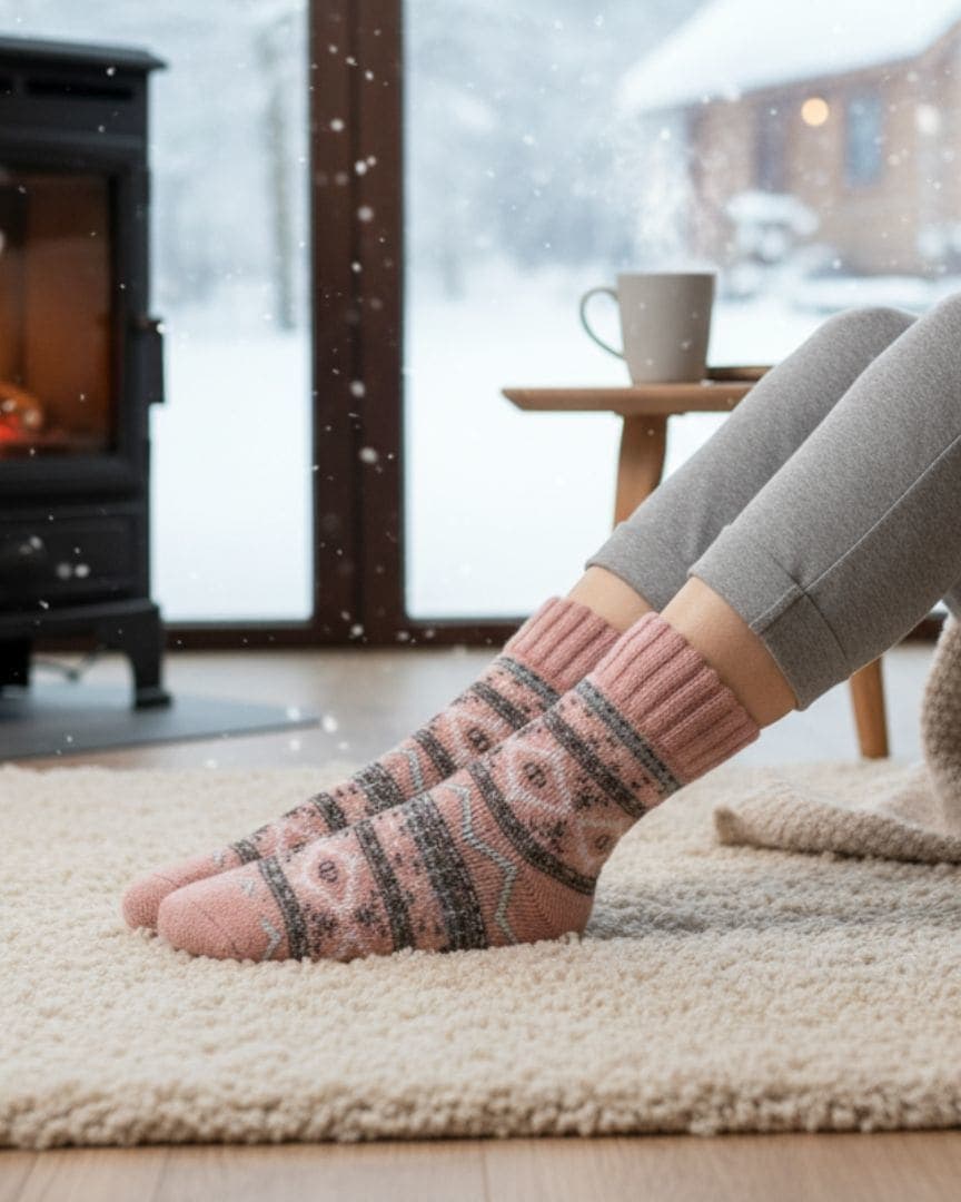 Cozy Fair Isle Winter Women Socks | Thick Knit Pink & Grey Thermal Lounge Socks