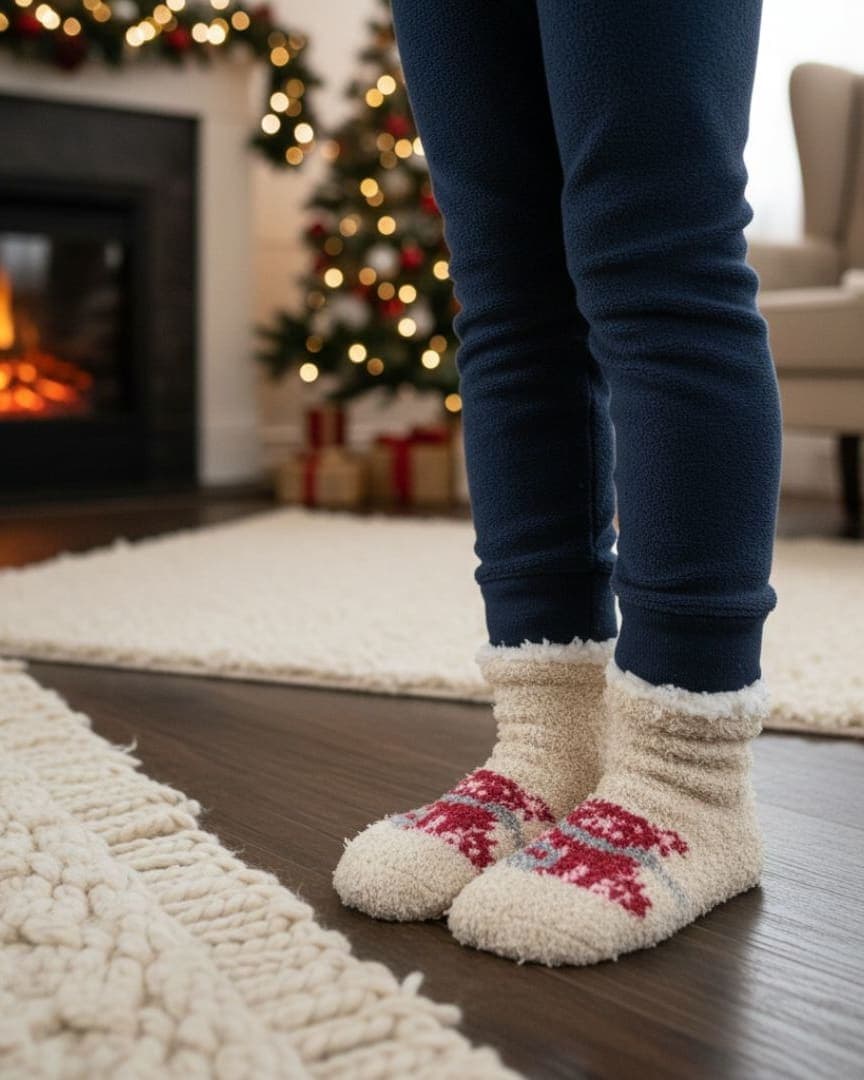 Ultra-Soft Plush Fleece Slipper Socks in Cream with Festive Red Knit Pattern and Sherpa Lining – Christmas Loungewear hover