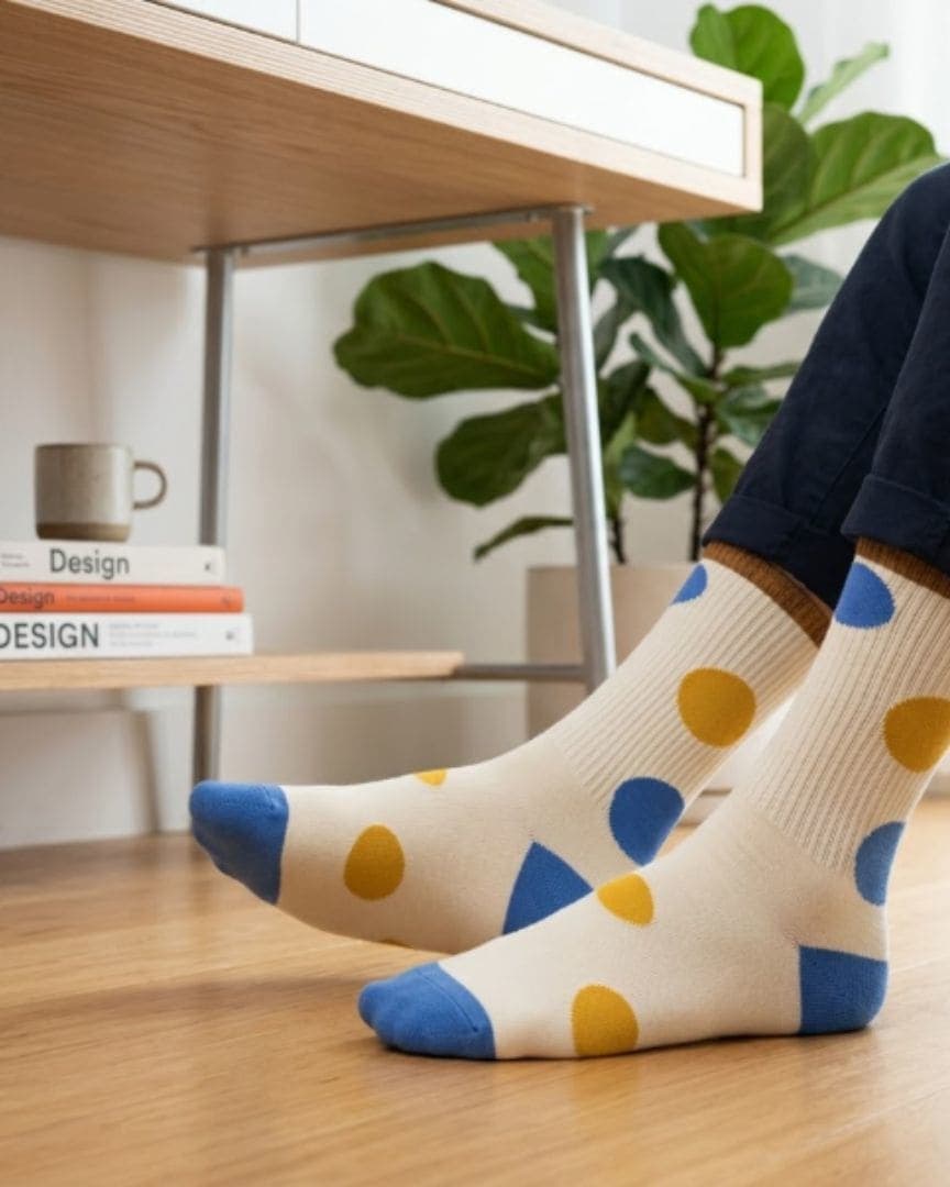Retro Polka Dot Crew Socks – Beige with Blue & Yellow Dots