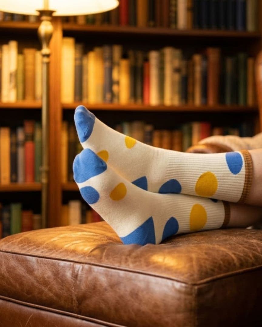 Retro Polka Dot Crew Socks – Beige with Blue & Yellow Dots hover