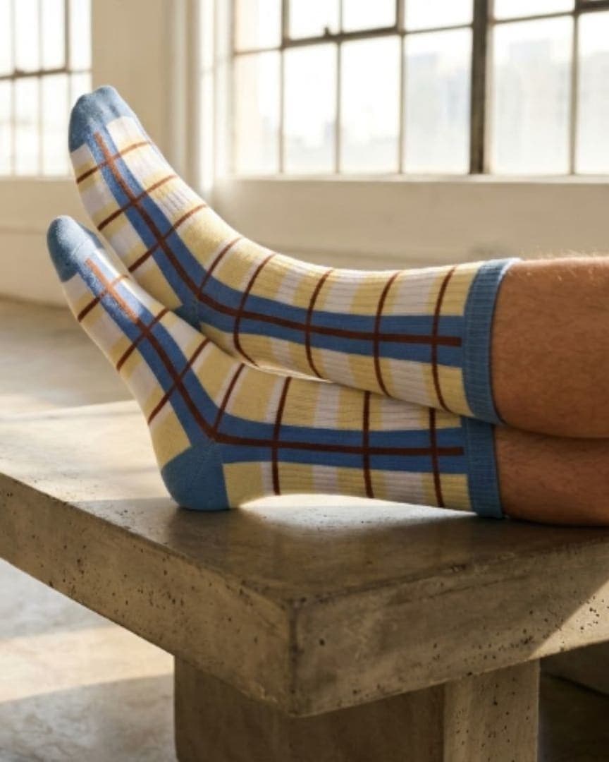 Unisex Crew Socks – Blue, Beige & Brown Checkered Design hover