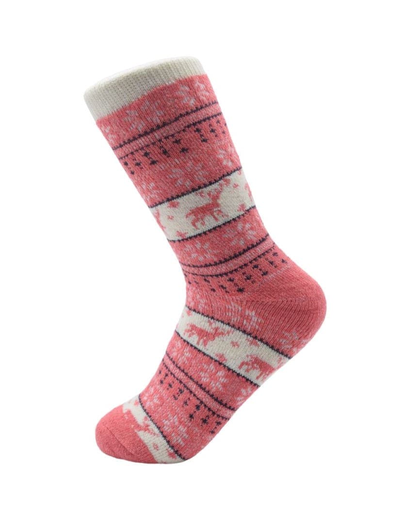 Pink Winter Crew Socks with Nordic Reindeer Pattern – Soft & Cozy hover
