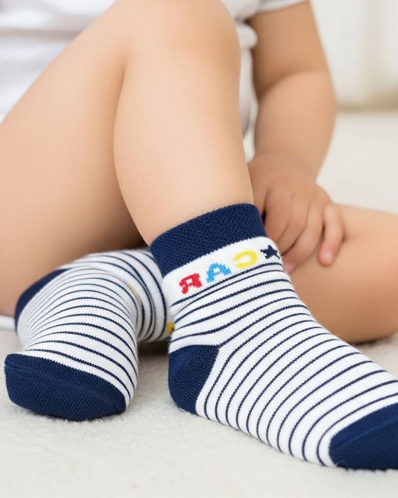 Navy Blue & White Striped Baby Socks – Soft Cotton with Fun “CAR” Design