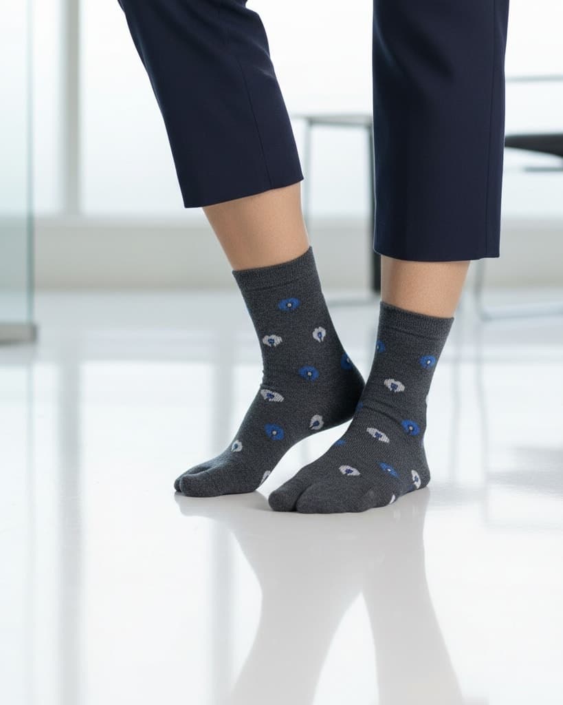 Charcoal Grey Woolen Thumb-Toe Socks with Blue & White Dot Motif | Crew Length1