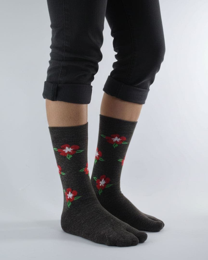 Charcoal Grey Woolen Thumb-Toe Socks with Red Floral Print | Crew Length1