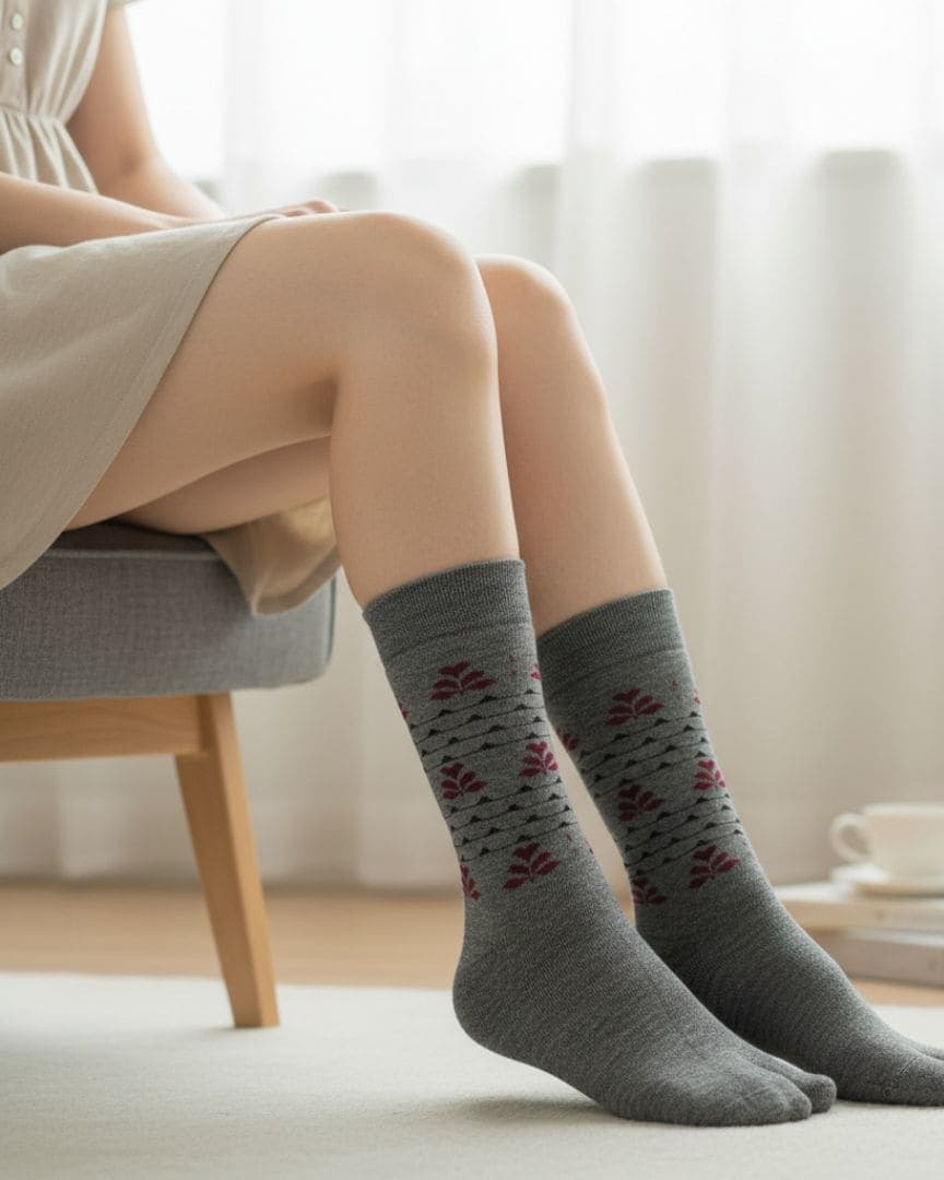 Grey Woolen Thumb-Toe Socks with Maroon Leaf Motif | Crew Length Soft Knit1