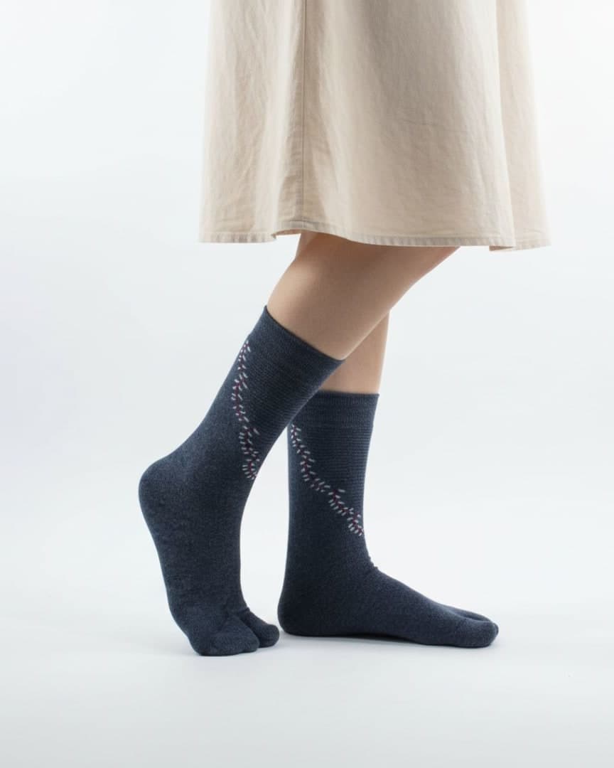 Charcoal Grey Woolen Thumb-Toe Socks with Subtle Stitch Pattern | Crew Length Soft Knit1 hover