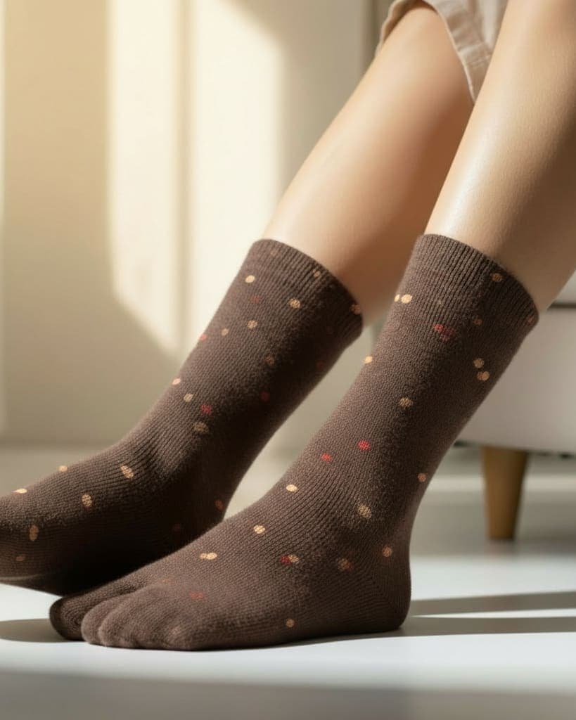 Brown Woolen Thumb Toe Socks with Polka Dot Pattern | Crew-Length Soft Knit Socks1