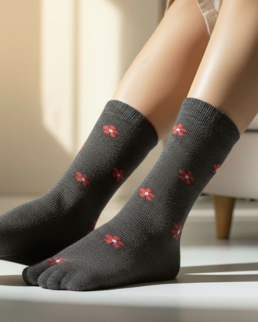 Dark Grey Woolen Thumb Toe Socks with Red Floral Motif | Crew Length hover