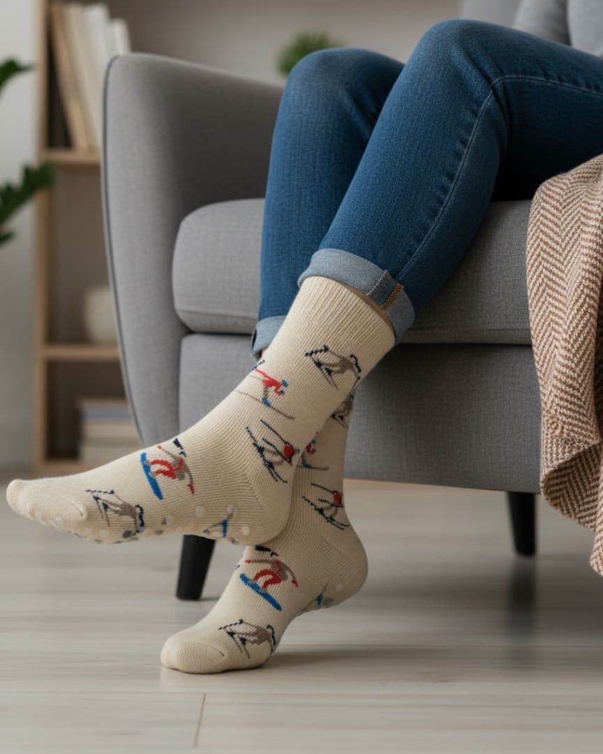 Beige Anti-Slip Crew Socks with Skater Print | Soft Cotton Grip Socks for Home & Yoga1 hover