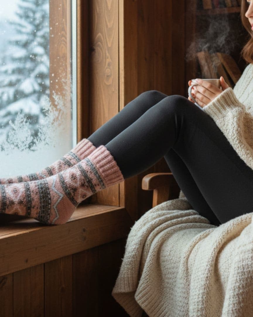 Cozy Fair Isle Winter Women Socks | Thick Knit Pink & Grey Thermal Lounge Socks1 hover