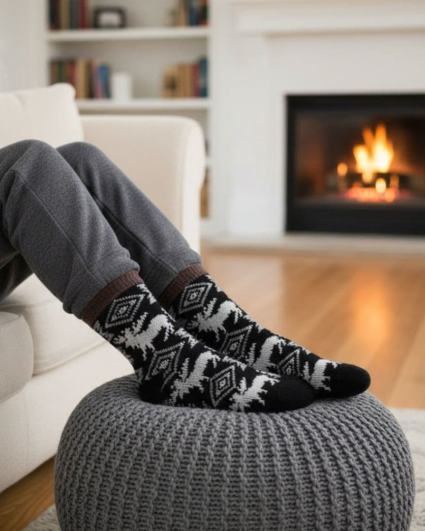 Black Woolen Thermal Socks | Soft Fleece-Lined Warm Winter Socks with Nordic Reindeer Pattern1