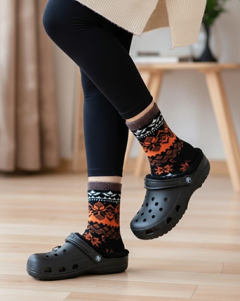 Winter Thermal Wool Socks – Soft Fleece-Lined Warm Socks with Nordic Pattern (Black & Orange)1