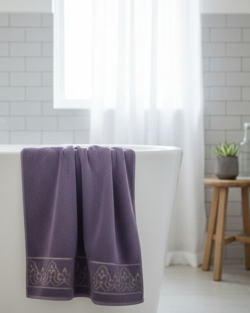 Premium Absorbent Lavender Purple Cotton Bath Towel with Elegant Border Design – 510 GSM, Large Size (130×65 cm)